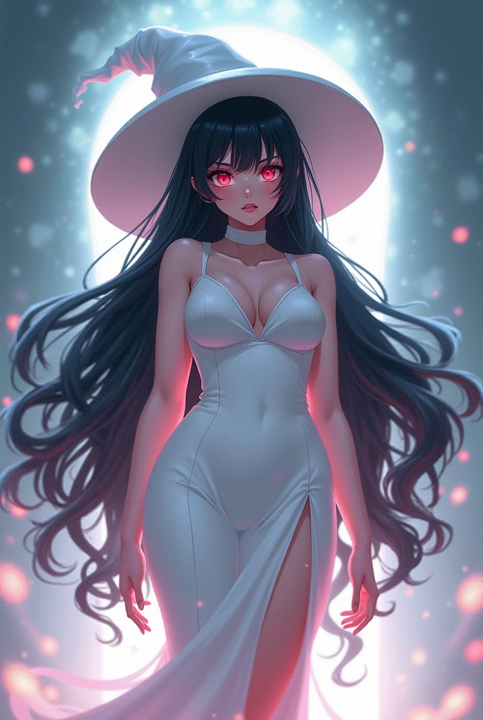 White woman, Black hair, Giant White hat, Red eyes, Thick body, Huge breasts, Big boobs, Big ass, Tall, White dress, Anime style, Ghost aura, body