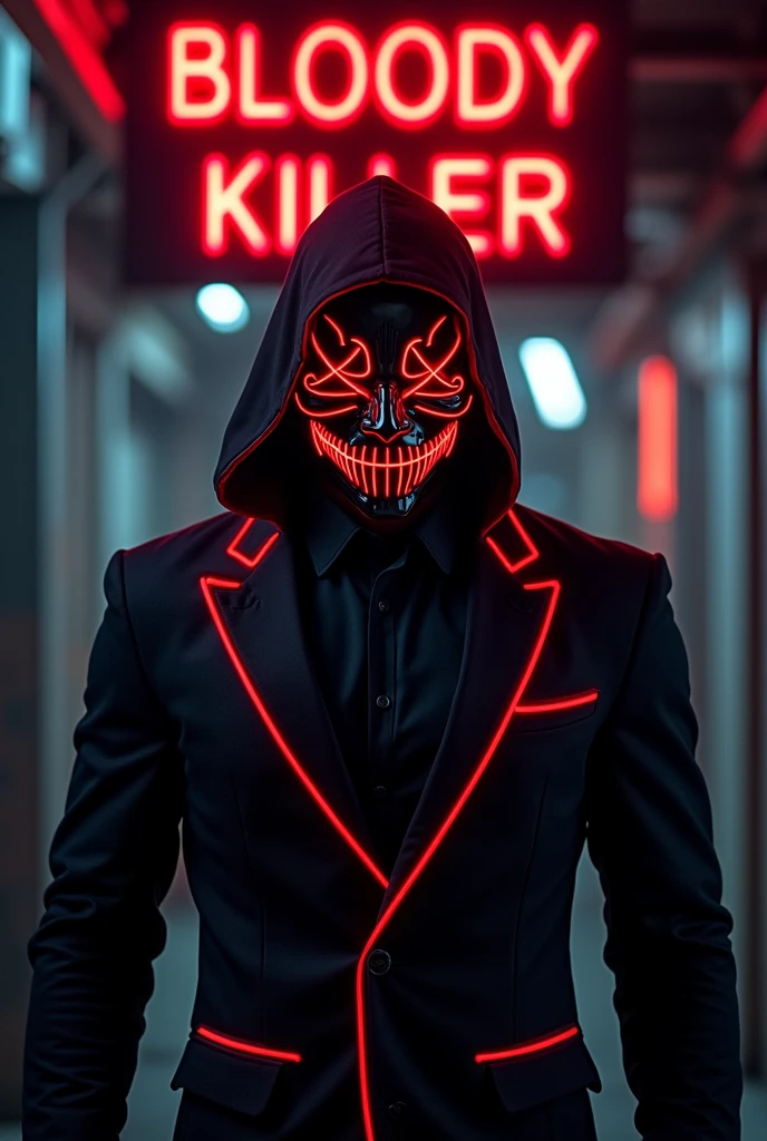 character with red mask with black outline and black suit with red outline and above the image in red neon letters with black outline bloody killer and below in small letters youtuber of bloodstriker