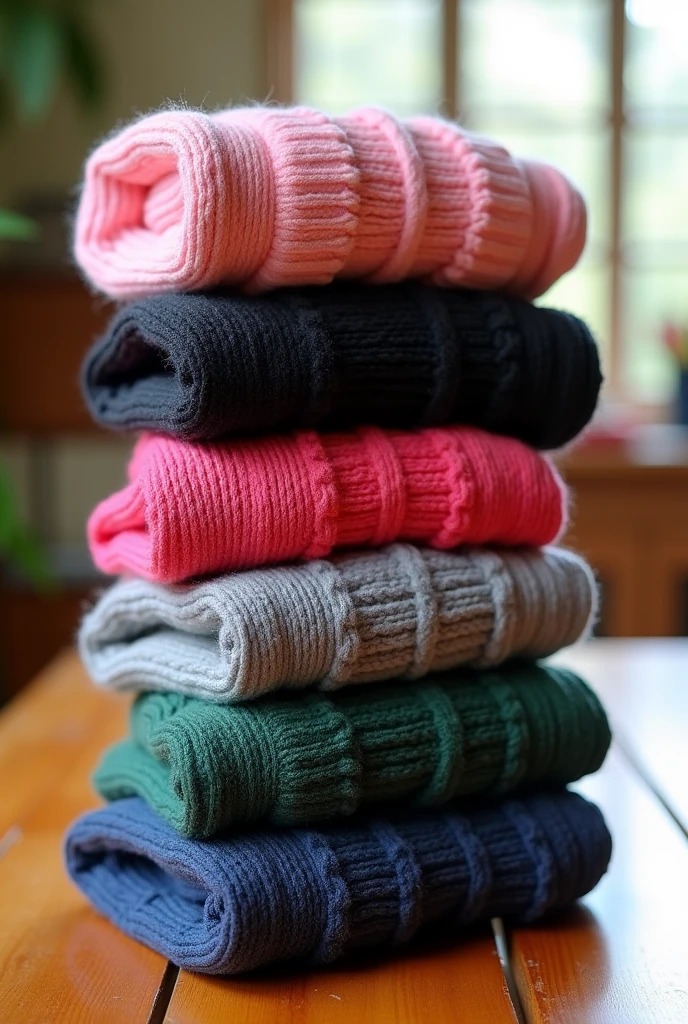 a stack of 5 cotton in socks in pink, black,gray, dark green and dark blue