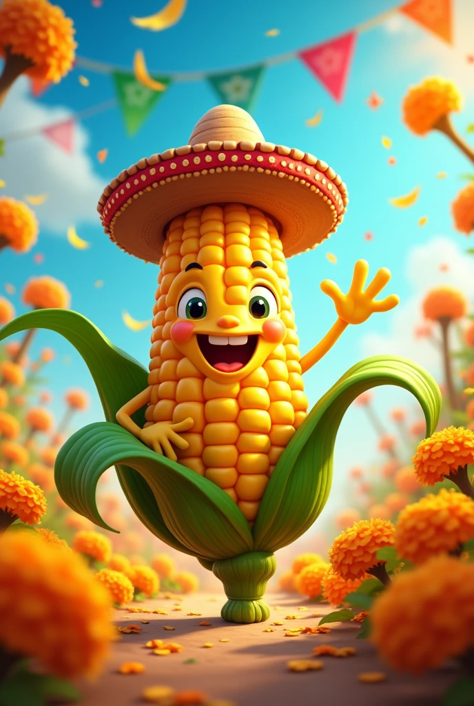 Animated corn cob logo with the word golden corn in Spanish Mexican theme