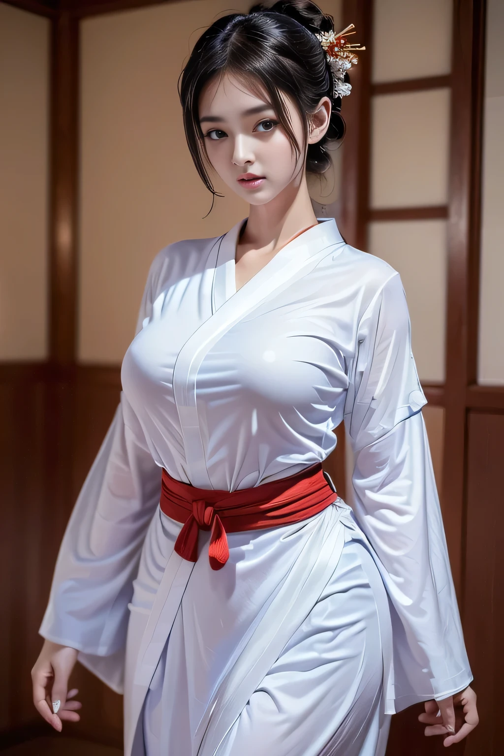 (8k, RAW Photos, Highest quality, masterpiece:1.2、RAW Photos), Samurai Girl, Her short black hair was tied back, Wearing a Japanese kimono and hakama, Two Japanese swords are crossed at her waist., ((masterpiece, Highest quality, Best image quality, High resolution, Realistic, RAW Photos, 8k)), ((Highly detailed CG synthesis 8k wallpaper)), (Huge and stunning goddess shot, Very hot and sexy, Incredible beauty, Perfect Proportions, Beautiful body, Slim body beauty:1.4),