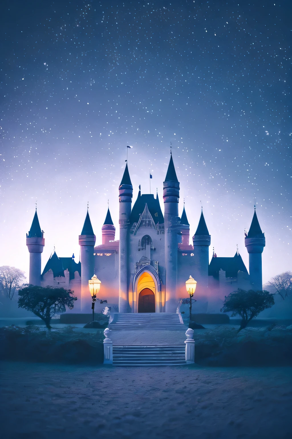 a white dreamy castle, retro, foggy, soft focus, year of 1995, cool lighting, muted pastel colors, glowing atmosphere, dramatic shadows, cinematic composition, dream-like quality, ethereal, romantic, soft focus photography, dark blue hour, midnight, windy, white marble