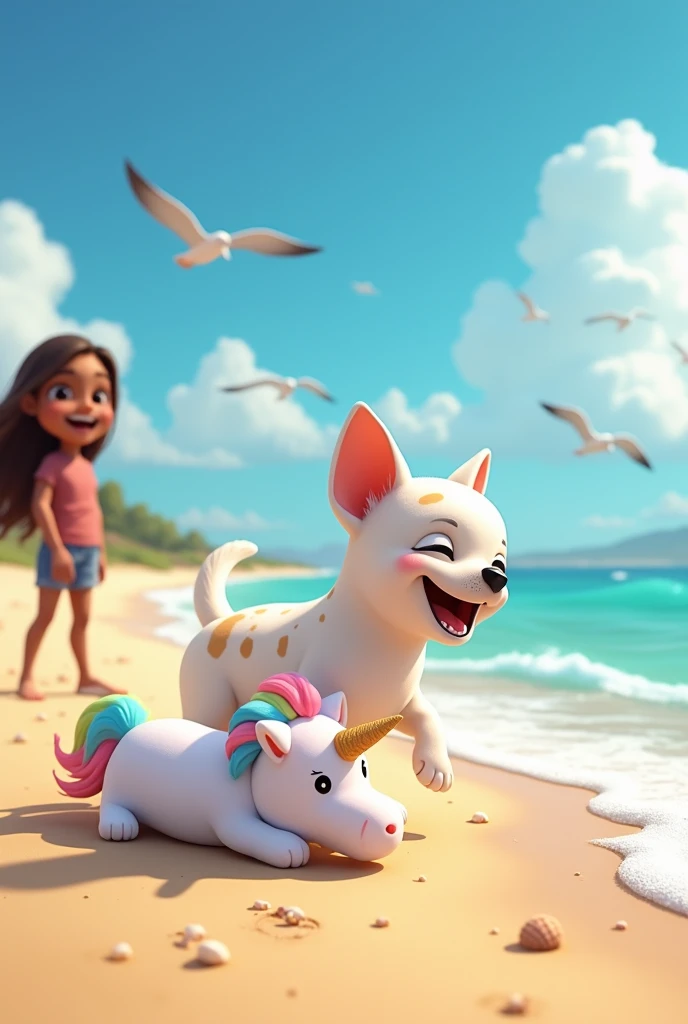 (photorealism:1.2),Create a cartoon illustration of my pet with a 2D animation style. He is on the beach playing with his favorite stuffed animal, a white unicorn. The dog is a white chihuhuha with light brown spots and his owner is a , dark skin, long brown hair.