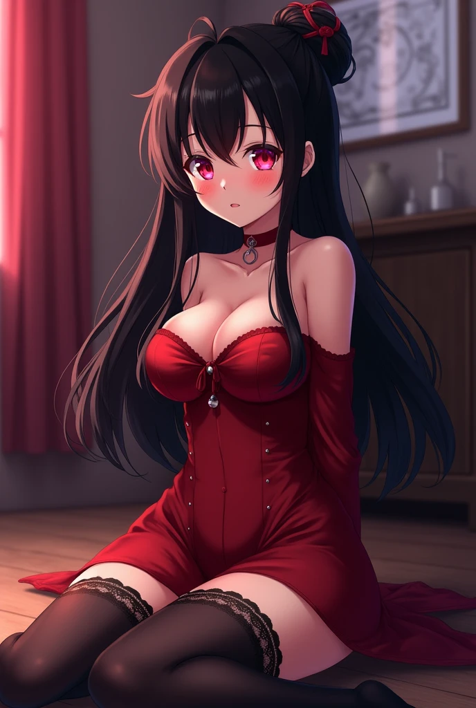 Anime girl with long black hair tied in a bun at the back, bright red cheeks, a straight gray band around her mouth, wearing a red off-shoulder red outfit, wearing black pantyhose, sitting on the floor and her panties visible, her hands tied behind her back