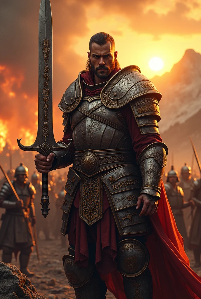 Warrior in shining armor and sword at war