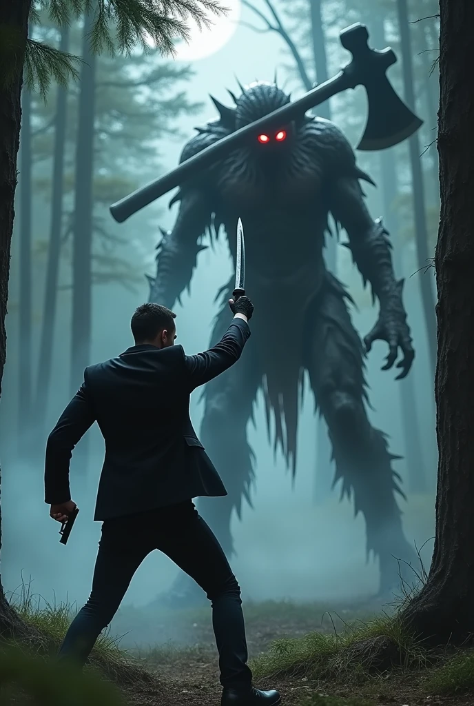 A man in a suit armed with a katana and a Glock 19 pistol fights an axe monster.
