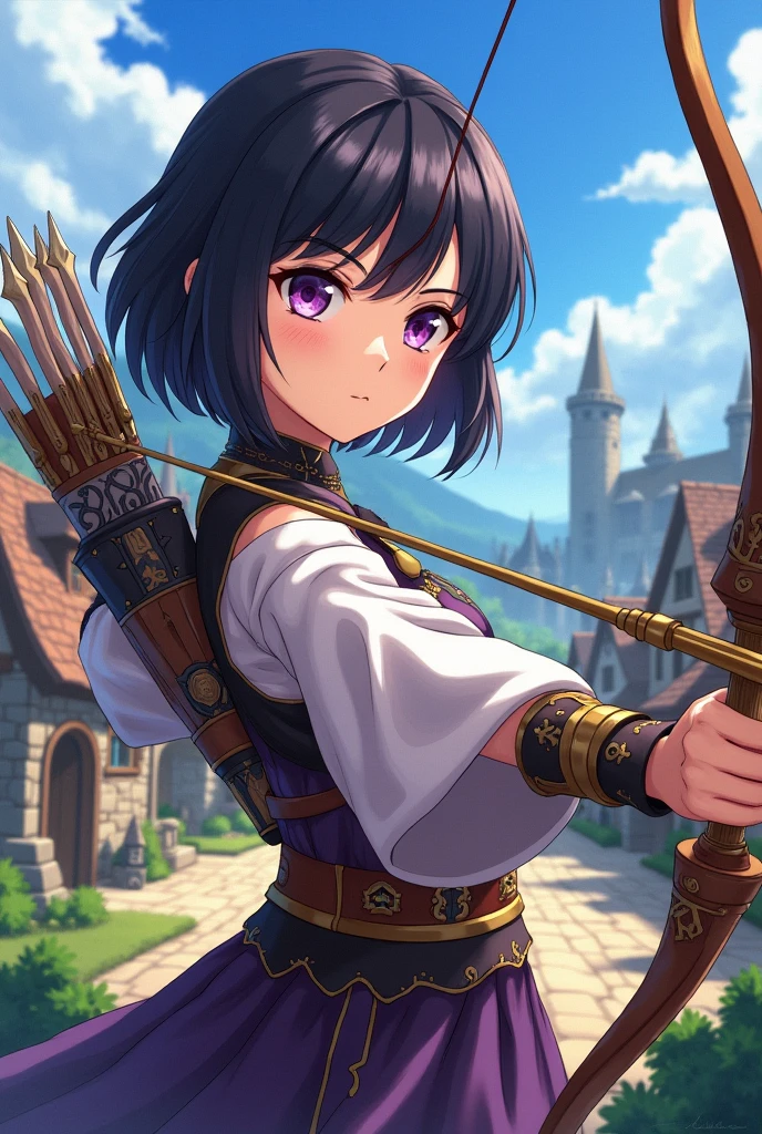 A girl who wants to be a heroine in medieval times, He has short black hair,  light skin color, purple eyes and uses an anime style weapon arrow 
