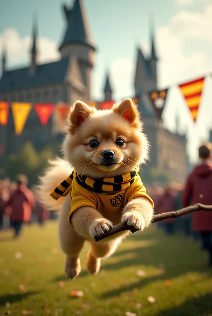 Create an image of a beige German Spitz dog dressed in Hufflepuff house uniform, flying on a broomstick at a quidditch game at hogwarts