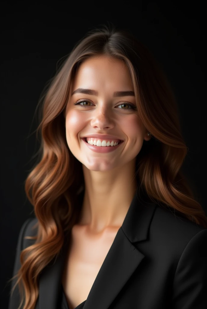 Create a smiling young woman of about 22 years old, Linda, chestnut wavy hair, confident and successful, friendly and charming but with a powerful and engaging look, in a modern professional environment with a black background. Add elements of elegance, confidence and subtle elements of lights or glitter to highlight the inspiration.
