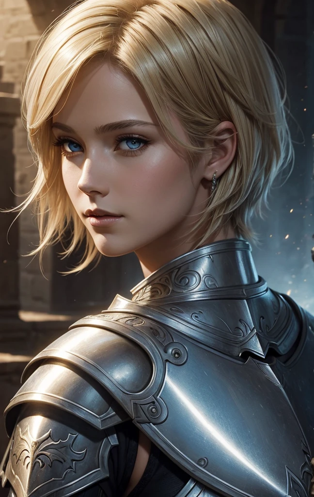 masterpiece, best quality, 1woman, solo, fantasy art, human, female paladin, beautiful, portrait, short blonde hair, silver armor, looking at viewer