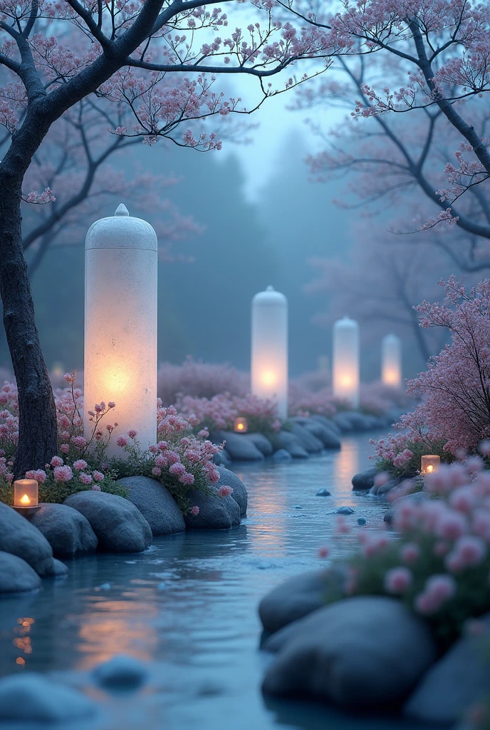 a white dreamy garden, retro, foggy, soft focus, year of 1995, cool lighting, muted pastel colors, glowing atmosphere, dramatic shadows, cinematic composition, dream-like quality, ethereal, romantic, soft focus photography, dark blue hour, midnight, windy, white marble