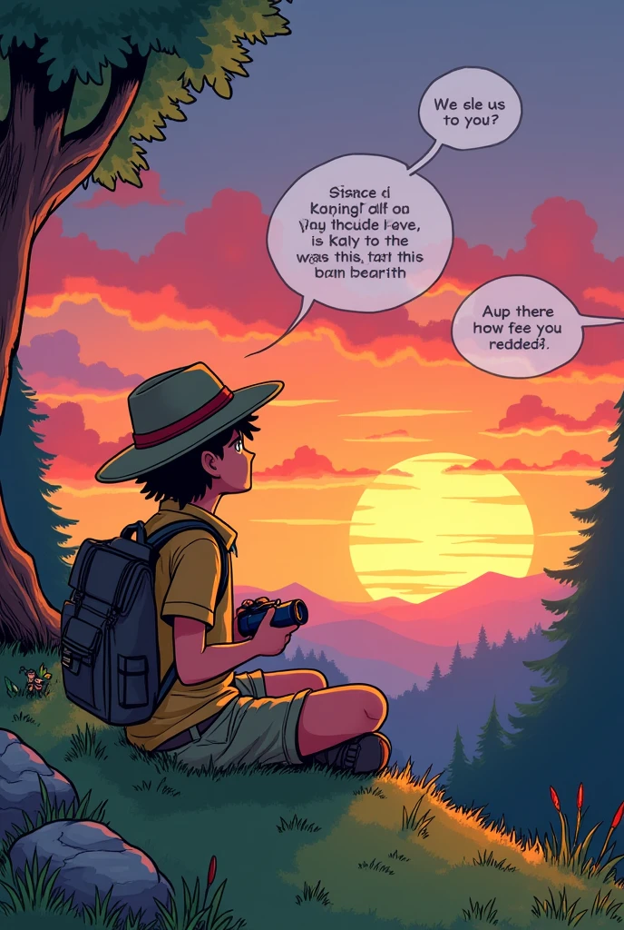 crie uma charge, a simple 2d cartoon-style drawing, of a scout watching a sunset from a hill, IT HAS TO BE IN COMIC BOOK