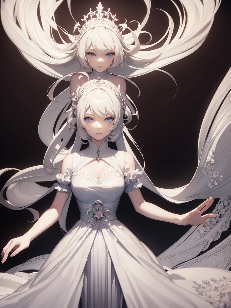 there is a woman in a white dress holding a Music Box, artwork in the style of guweiz, guweiz on pixiv artstation, guweiz on artstation pixiv, guweiz, fantasy art style, guweiz masterpiece, beautiful and elegant queen, beautiful character painting, detailed digital anime art, blonde - haired princess, White hair, sky blue eyes, pink lips