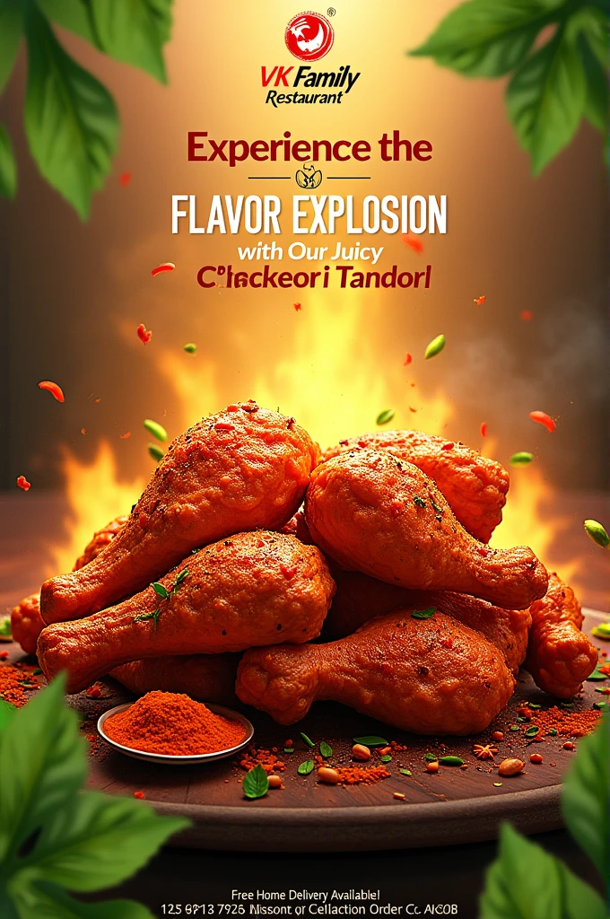 A vibrant and eye-catching poster for VK Family Restaurant's  realistic looking tandoori chicken offer. The background is a lively and colorful theme, featuring fresh green leaves, abstract food-related patterns, and a burst of spices, representing the freshness. The VK Family logo is prominently displayed at the top, followed by enticing image of realistic looking Chicken Tandoori prominently. The center of the poster features the text "Experience the Flavor Explosion with Our Juicy Chicken Tandoori!" to catch the viewer's attention. 'Free Home Delivery Available' and 'To Order, Call 7396701124' are, photo, illustration, poster, typography, cinematic, 3d render