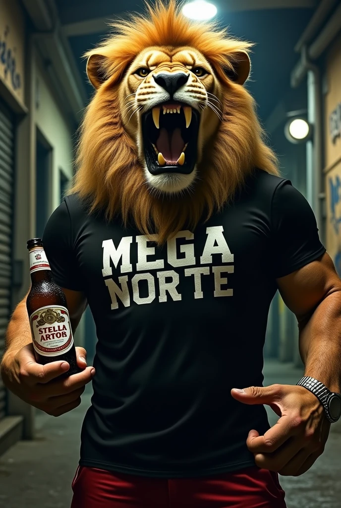 Create a figure of a strong lion with an evil face, T-shirt with the words MEGA NORTE written on it and holding a STELLA ARTOIS beer