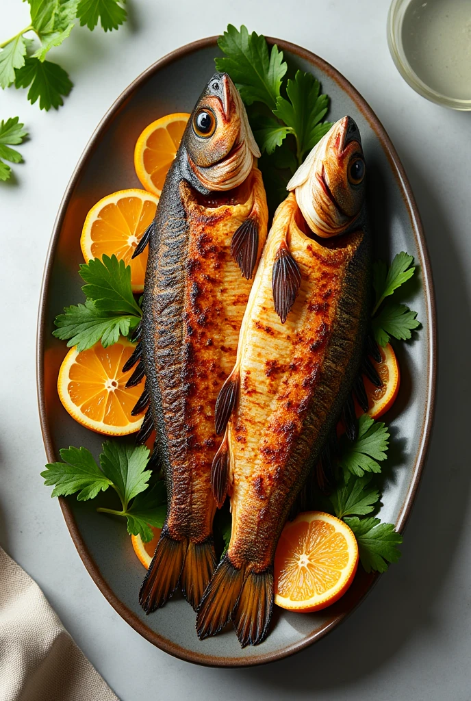 Branzino inasal , straight top view, whole plate top view. Do not crop the plate  0 degree top view 
