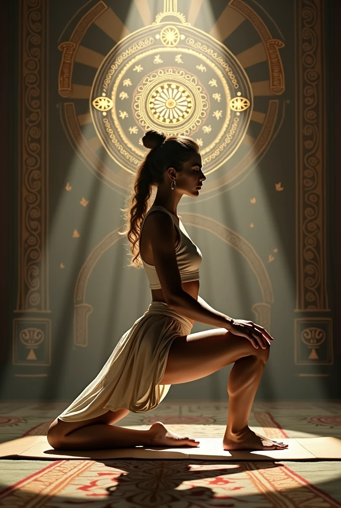 "A young woman practicing yoga, viewed from the side. Her right leg is bent with the knee aligned with the ankle. Her torso is inclined forward, and both hands are  placed on the mat. Her left leg is stretched back, with  her left leg and foot touching the mat back. The side view clearly shows the alignment and posture of her body. she is in low lunge pose the lesgs are wide open. The image is in the style of Tarot de Marseille cards, with intricate details and a mystical, ancient atmosphere."
