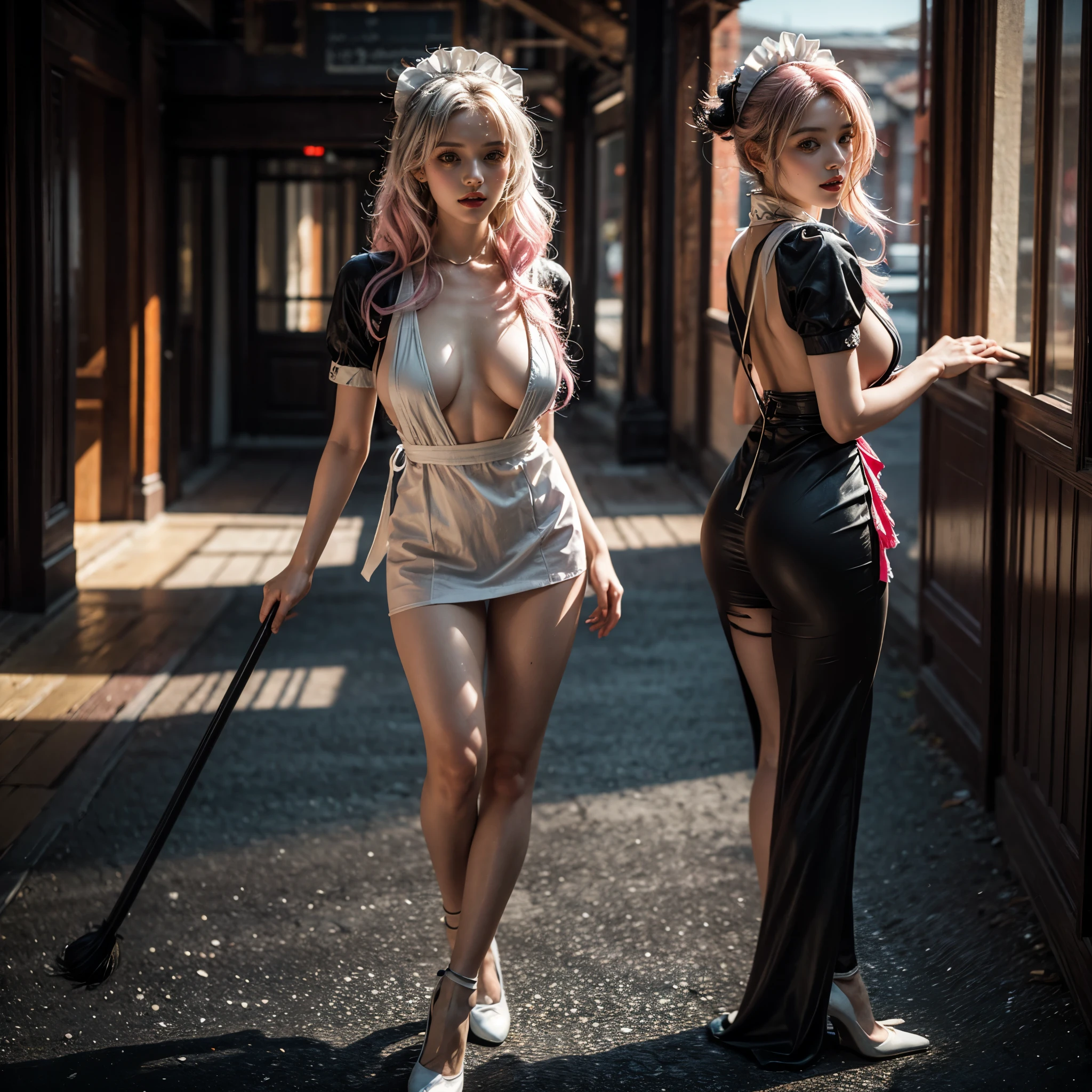 (Full Body of Extremely Detailed((Sexy Maid Group in a row:1.37))), KAWAII perfect face, Reflective Eyes, Detailed(Delicate Clothing textures), Correct Leg Line, Dynamic Joyful Expressions LifeLike Rendering, Specular Reflection, TopQuality 8K Ultra-detailed masterpiece (ProfessionalPhoto:1.37), (Acutance:0.8), (Luminism:1.28), (Renaissance art style), Colorful Light particles, ((Full body from side)), {Kissing|Thigh Gap|AssFocus|(NakedApron with Overflowing SideBoob)}, Radiant Fine Skin with Transparency, (Exposed:0.4), (Different types of Anime hair color){Pink Hair|Blue Hair|Platinum Blonde|Pure White Hair|Liquid Hair}, Perfect Lighting , (nipple:-1.28)