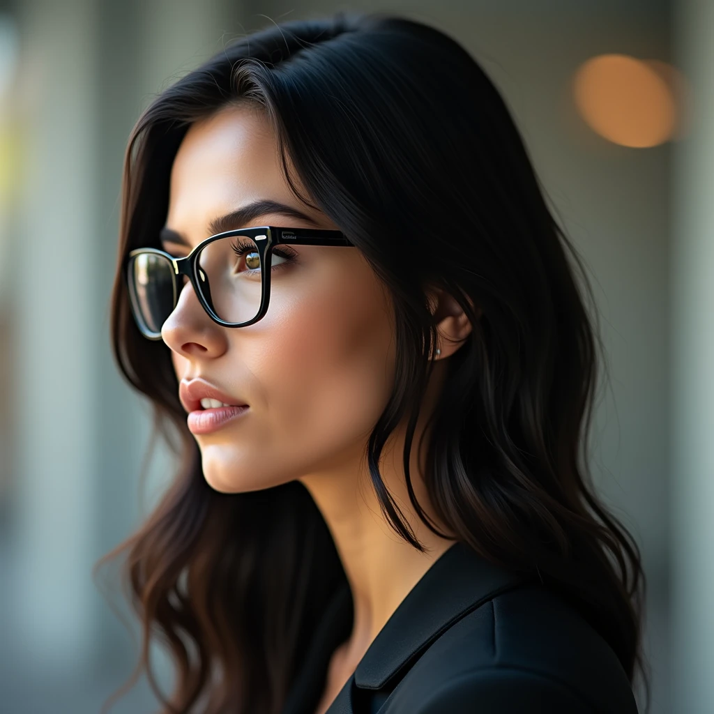 (photorealism:1.5), beautiful woman, portrait, facing directly to the POV's left, side profile, caucasian, dark hair, dark brown eyes, wearing glasses, neutral expression, professional lighting, high resolution, detailed, standing straight