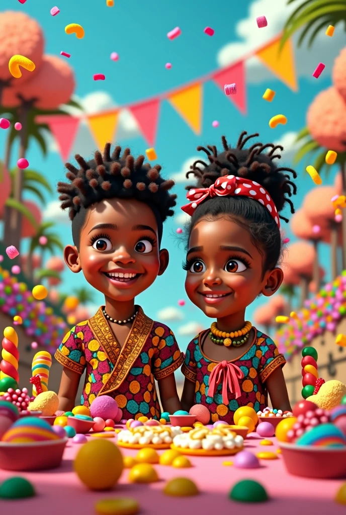 A colorful and vibrant montage with the theme of Cosme and Damião&#39;s party. En el centro de la imagen, there are two figures of twin children,black, with African clothes, symbolizing the Ibejada, with cheerful smiles and colorful traditional clothes. around the children, there is an abundance of sweets, lollipops, candies and sweets scattered all over the image, Creating a festive setting. 