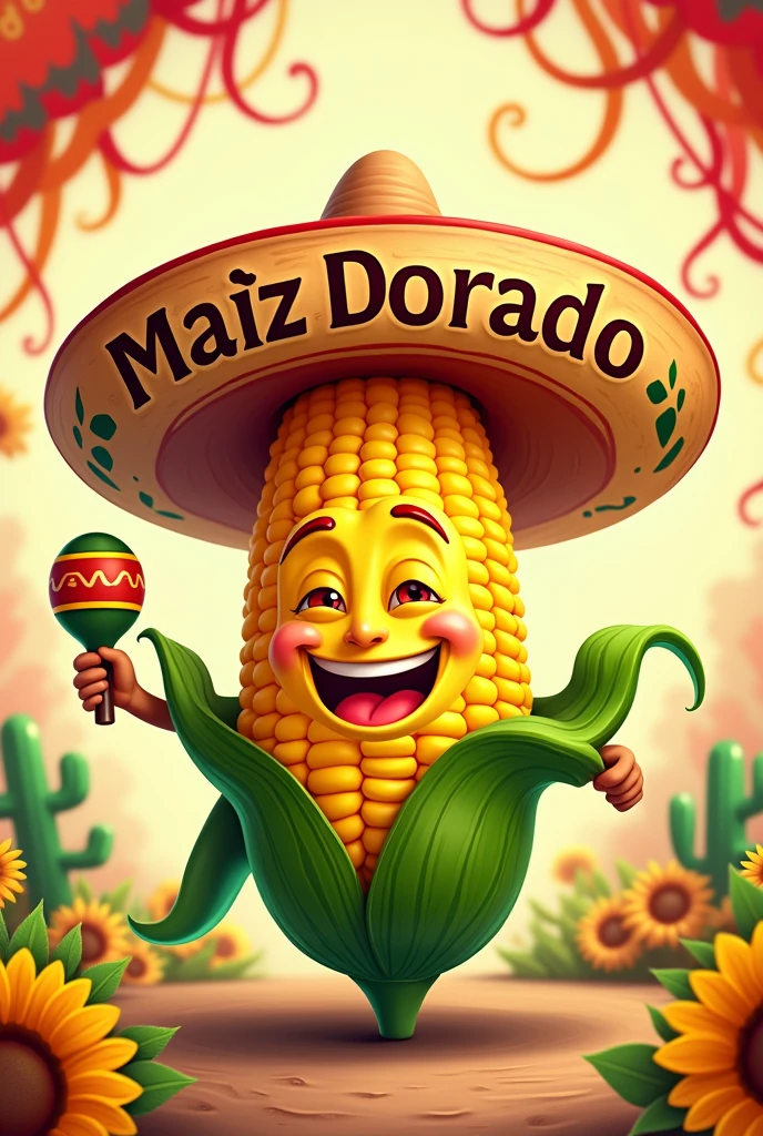 Animated corn cob logo with the word golden corn in Spanish Mexican theme