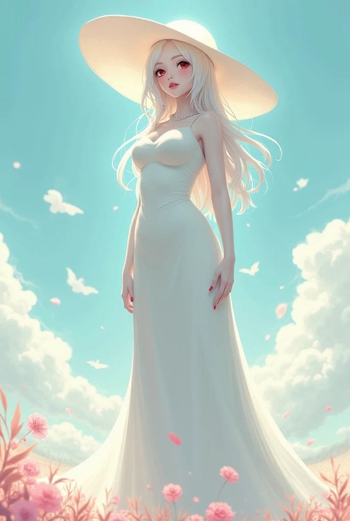 White woman, Black hair, Giant White hat, Red eyes, Thick body, Huge breasts, Big boobs, Big ass, Tall, White dress, Anime style, Ghost aura, sexy body, Giant breasts, Milf style