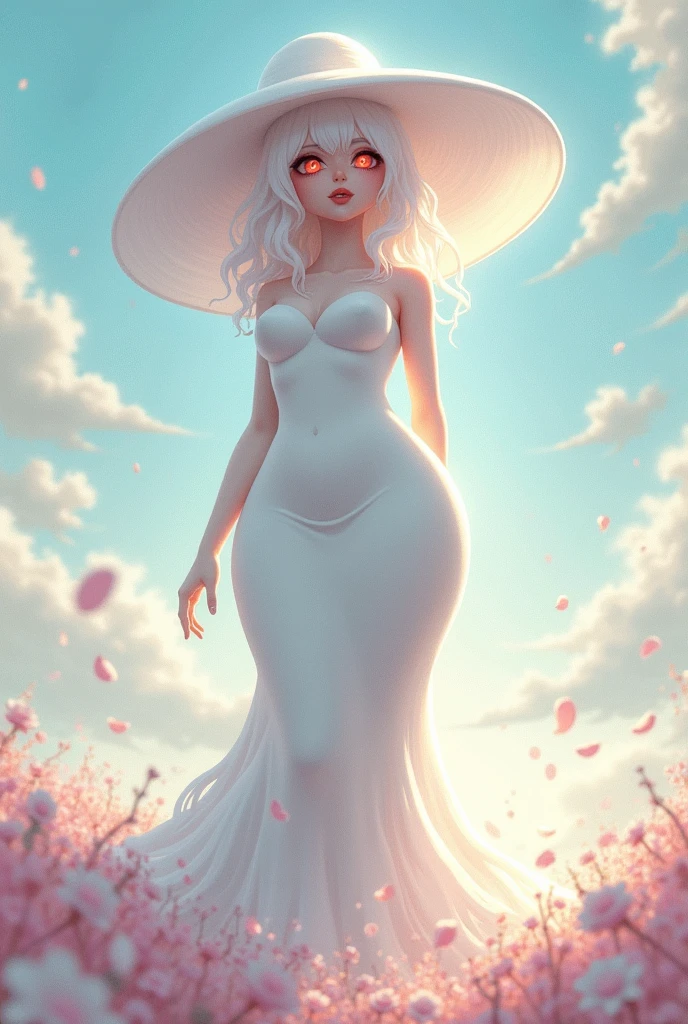 White woman, Black hair, Giant White hat, Red eyes, Thick body, Huge breasts, Big boobs, Big ass, Tall, White dress, Anime style, Ghost aura, sexy body, Giant breasts, Milf style