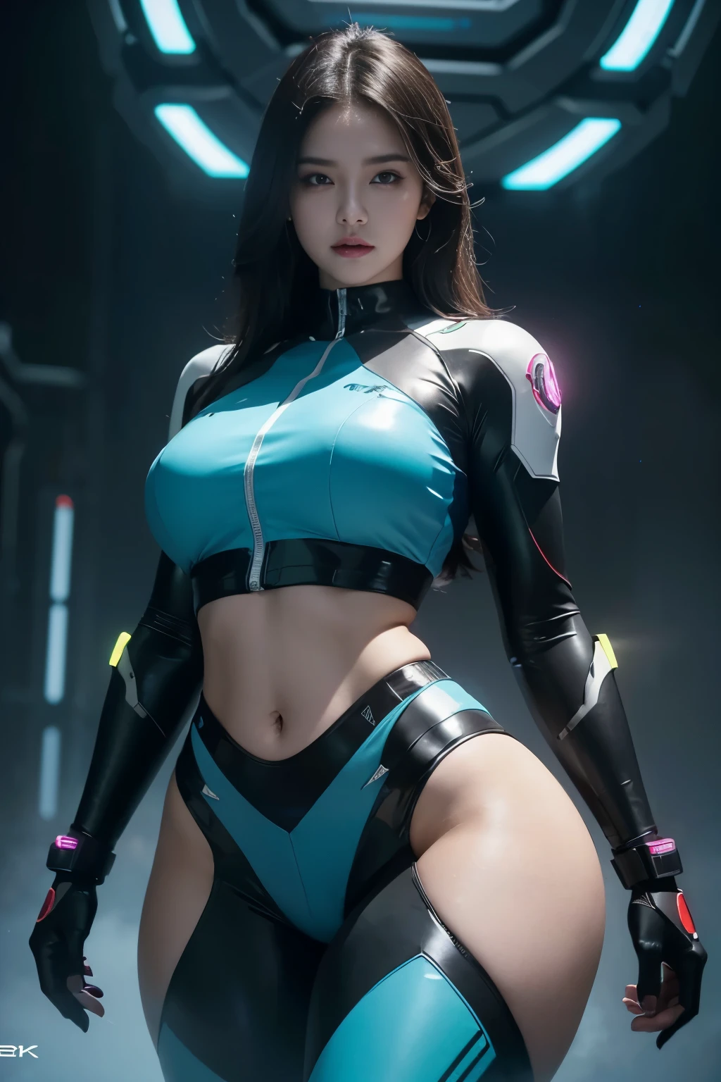 a beautiful curvy woman in a crop top cybernetic mecha suit, abs, high thighs, advanced laboratory, ultra-detailed, 8k, photorealistic, realistic lighting, volumetric fog, cinematic composition, dynamic pose, dramatic colors, neon accents, glowing details, advanced technology, sleek futuristic design