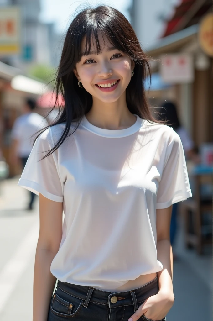 1 Japanese beautiful girl, ((Transparent white T-shirt:1.2, denim pants)), White T-shirt that is wet and see-through,Black underwear is sheer, (wet body:1.7),show off nipples under white t-shirt,18yo girl, Super beautiful detailed face, (smile:1.4), earrings, (various hair style:1.4, bangs), cowboy shot, (small breast:1.4, chubby body), (neutral-colored small areola), nude, Naked, BREAK, masterpiece, best quality, ultra quality, high quality, realistic, photo realistic, RAW photo, hyper detailed, intricate detaile, (crowded street:1.4),