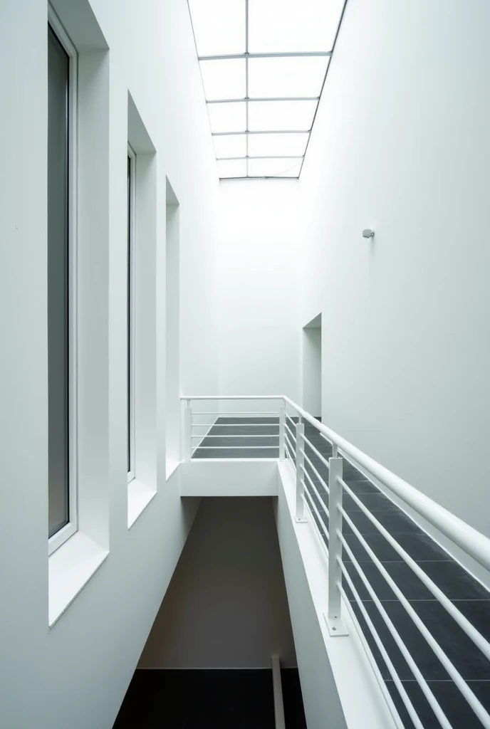 perspective:
View from a hallway in an enclosed square space, at human height.

What is observed:
A long hallway with windows on the left, a railing that delimits an opening to a lower level, and an access or window at the back. The light highlights the volumetry of the space.

geometry:
Square space with opaque ceiling and right wall. The hallway está parcialmente abierto hacia un piso inferior y conectado a una habitación frontal por una pared en forma de T que no llega al techo.

Opacity and Transparency:
The left walls are transparent through the windows; the right, opaque. The hallway, mezzanine type, It is delimited by a railing.

light:
Natural light enters through large windows on the left, a skylight in the ceiling and a window in the front room.

Materiality:
White walls, without doors, railing with white metal tube, and black tile floor.



THERE ARE NO CURVED ELEMENTS ALL STRAIGHT ONLY POLYHEDRONS