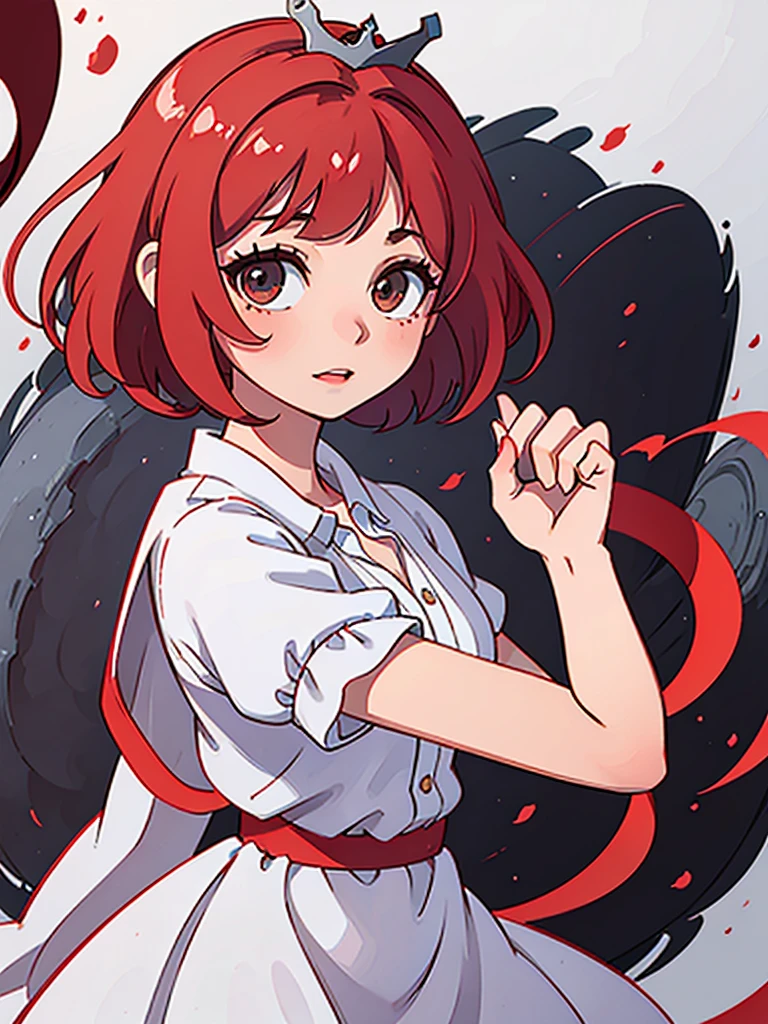 A 6-year-old girl with short red hair, she wears a little white dress and a tiara that resembles a crown.