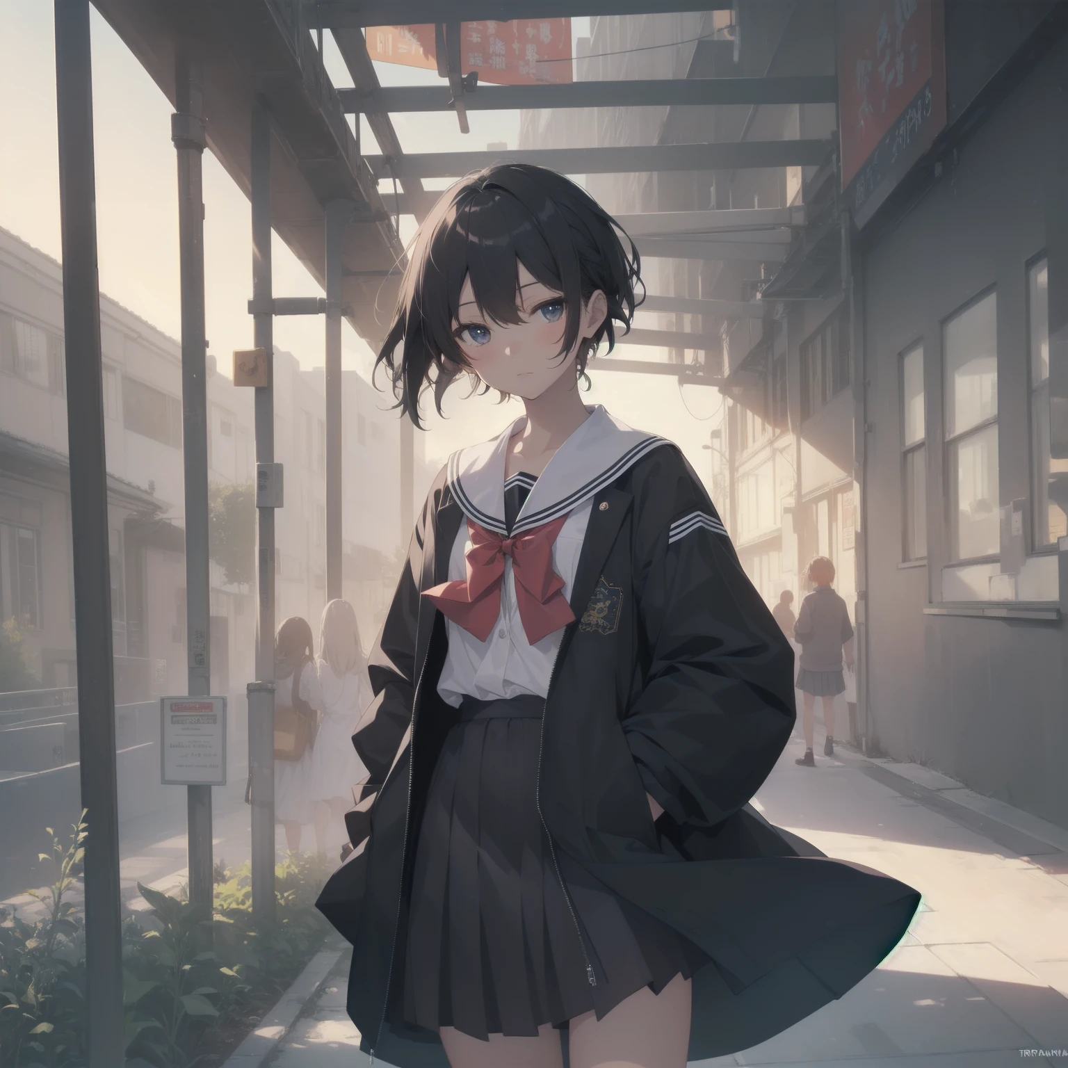 ultra-absurdres-Top quality by artist God, ultra-detailed, high resolution, anime moe artstyle, best anime 8k konachan wallpaper, pixiv contest winner, pool:2810, perfect anatomy,break, 1girl, (Please draw a girl walking sleepily to school alone. )break,(Solo,little female, 13-year-old:1.3),Full limbs, complete fingers,a junior high school student, (very short hair), short cut, flat chest, , small butt, small black eyes, beautiful detailed eyes, well-proportioned iris and pupils, expressive eyes, highres detailed hair, soft expression, salor school_uniform, sailor collar, serahuku, bow, pleated skirt,(Detailed Lighting), (Detailed background), in the School commute route. break,super detailed skin, Best cinematic lighting powered by famous artist, 8k,beauty illustration,photoshop_(medium),very aesthetic,break,((artist:rappa_(rappaya) )), artist:clamp ,artist:carnelian ,artist:kantoku ,