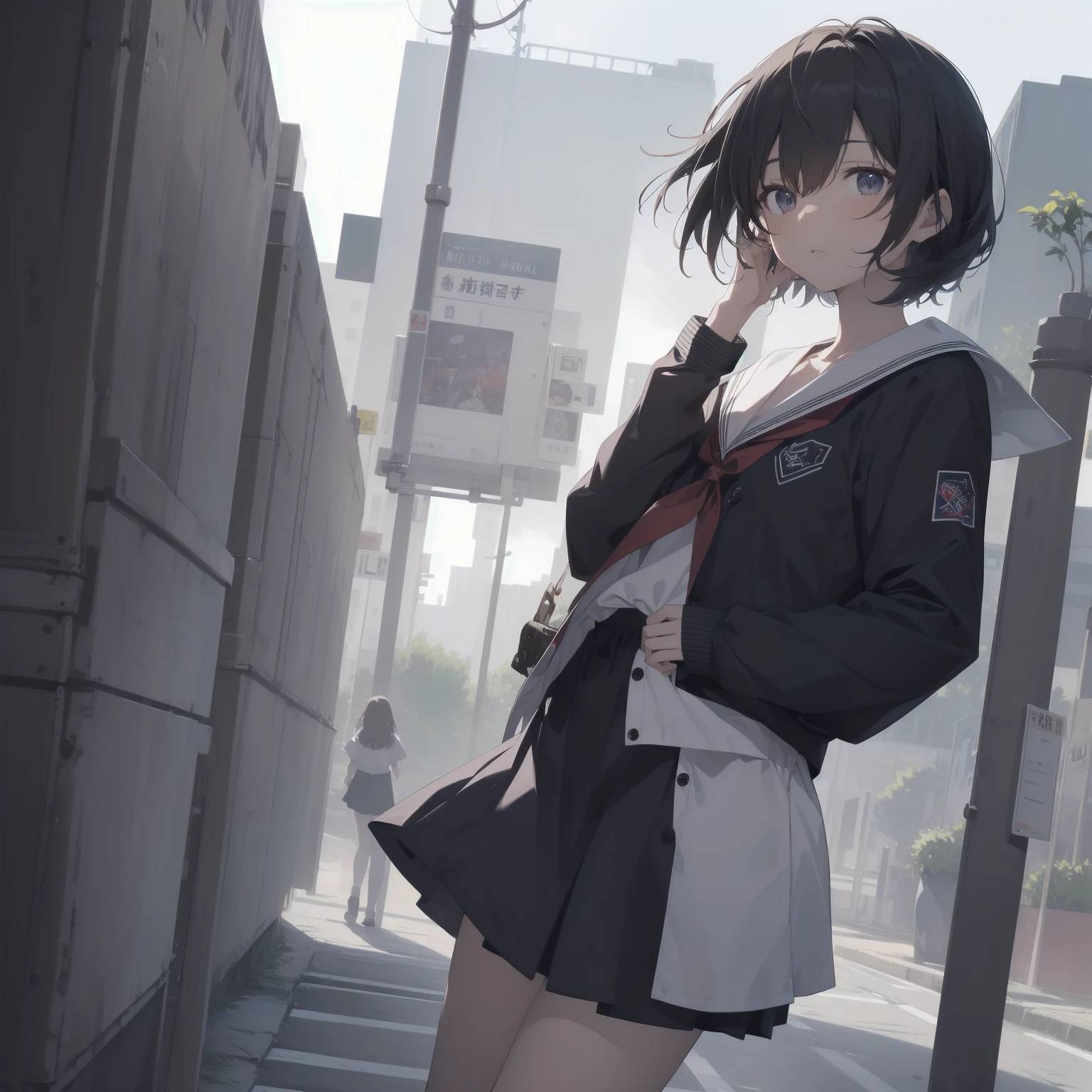 ultra-absurdres-Top quality by artist God, ultra-detailed, high resolution, anime moe artstyle, best anime 8k konachan wallpaper, pixiv contest winner, pool:2810, perfect anatomy,break, 1girl, (Please draw a girl walking sleepily to school alone. )break,(Solo,little female, 13-year-old:1.3),Full limbs, complete fingers,a junior high school student, (very short hair), short cut, flat chest, , small butt, small black eyes, beautiful detailed eyes, well-proportioned iris and pupils, expressive eyes, highres detailed hair, soft expression, salor school_uniform, sailor collar, serahuku, bow, pleated skirt,(Detailed Lighting), (Detailed background), in the School commute route. break,super detailed skin, Best cinematic lighting powered by famous artist, 8k,beauty illustration,photoshop_(medium),very aesthetic,break,((artist:rappa_(rappaya) )), artist:clamp ,artist:carnelian ,artist:kantoku ,