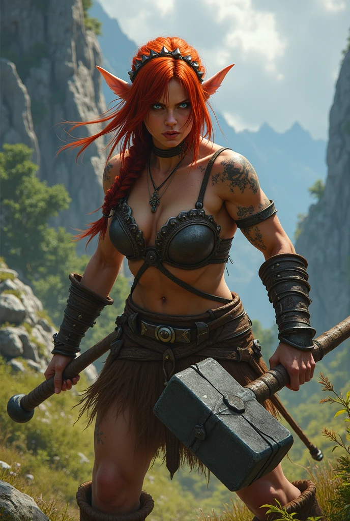 dnd, dungeons and dragons, dwarf, barbarian, wild, angry, swinging a maul, solo, single person, tanned skin, shoulder length straight red hair that is braided into corn rows on the left side only, bright blue eyes, rugged, female, stout, photorealism:1.2, minimal armor, busty, thick black tribal tattoos, fighting, ((masterpiece, best quality)), trending artwork