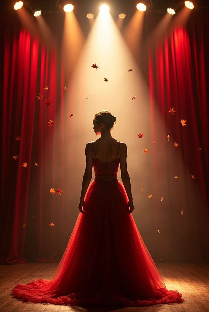 A stage lit with spotlights, with large red curtains open, shadows of people in blur, as if they were watching, The main image is a woman in an expressive pose, as if he were going to enter the scene, with a theater dress, your face has a determined look, There are small details around you, script notes floating and stars shining