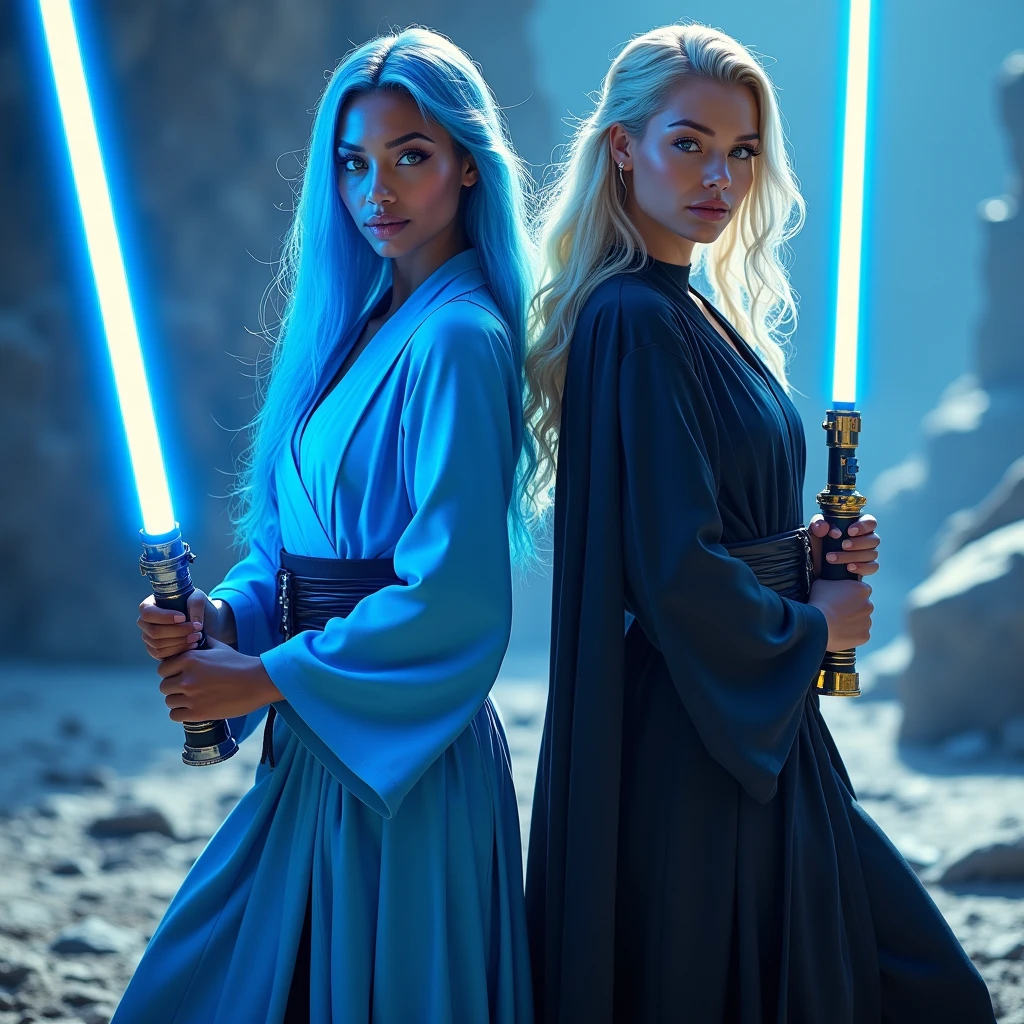 1 beautiful biracial latina woman, light blue hair, light blue eyes, big large breasts, cosplay in blue jedi with lighsaber blue close to a beautiful white woman, blue eyes, blond hair, big large breast, cosplay in black jedi light saber gold, Résolution Haute, photorealism,Plan Américain, Vues Multiples, 