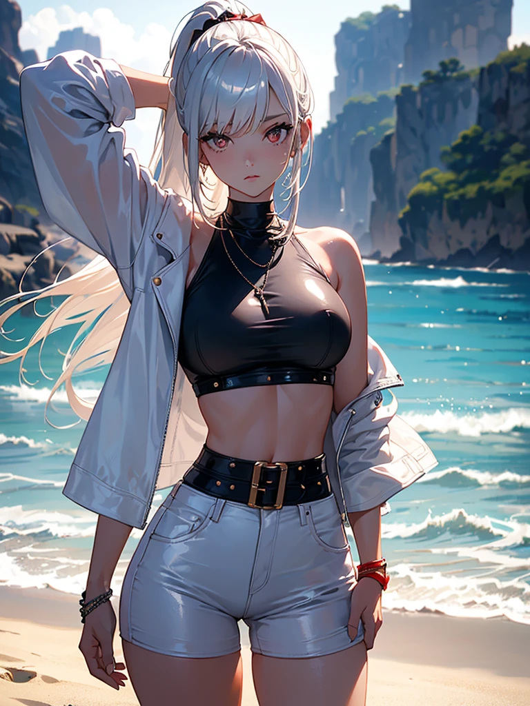 (masterpiece:1.6, best quality), (finely detailed beautiful eyes: 1.2), (Overhead view), high quality, beautiful face, 1girl, wide shot, white tshirt, leather short shorts, oversized leather jacket, open shoulders, silver hair, large breasts, ponytail hair, wide hips, red eyes, badass (leaning to the side, ), beach, background, detailed background,