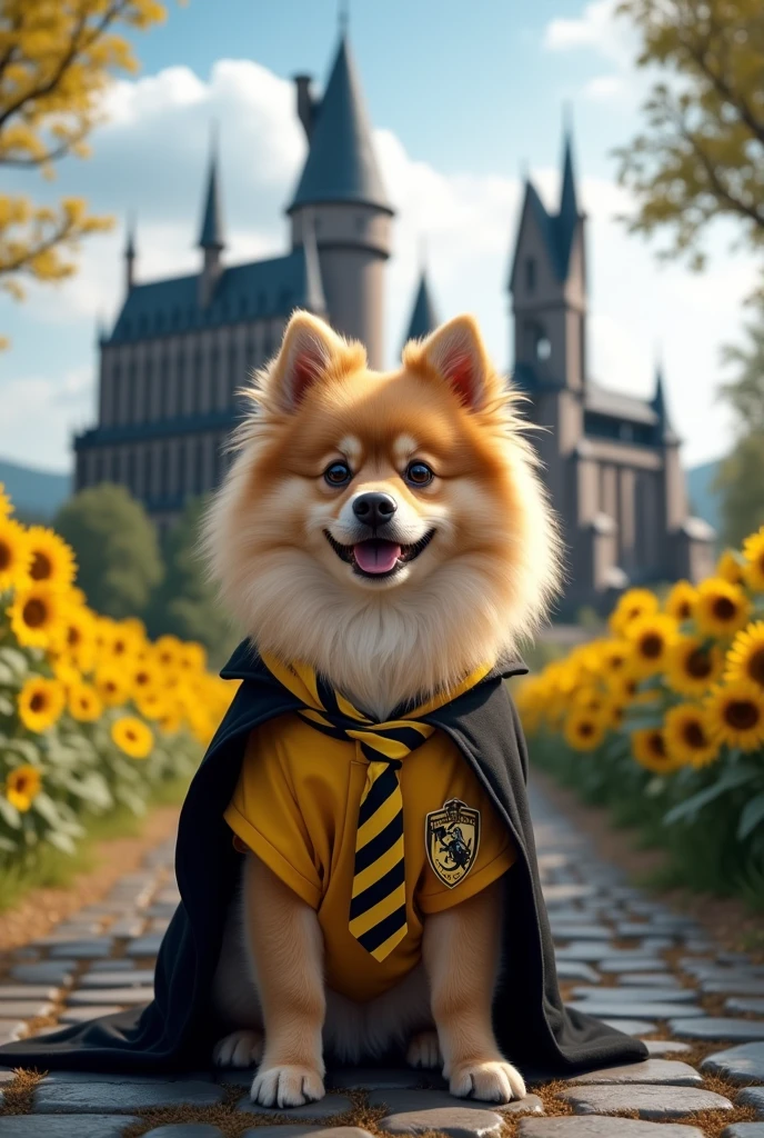 Create an image of a beige German Spitz dog dressed in the Hufflepuff house uniform at Hogwarts