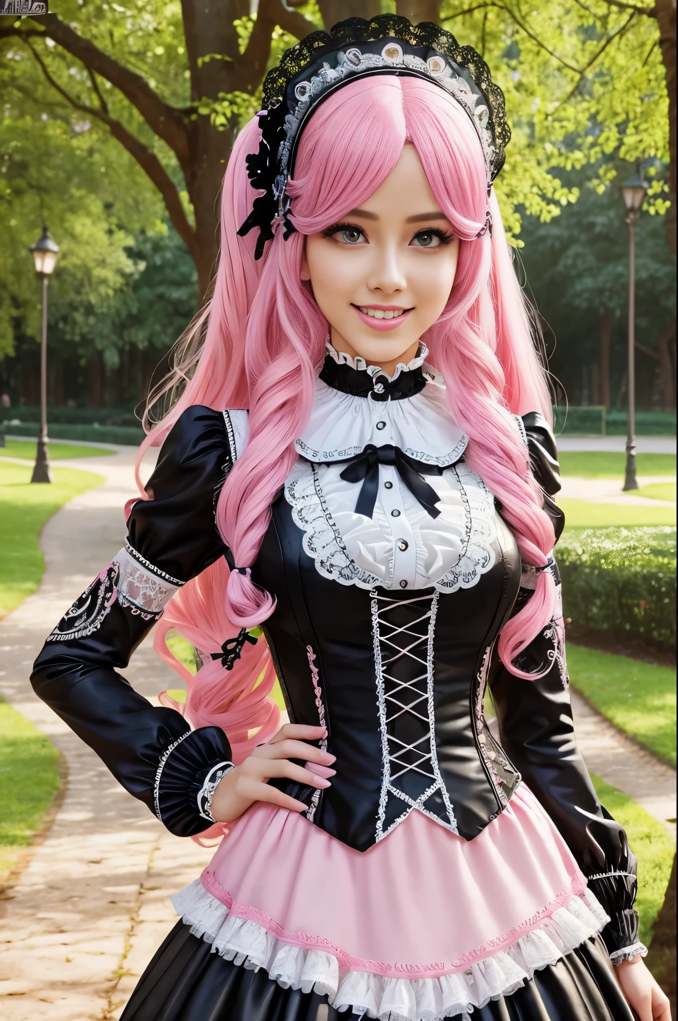 sexy stylish Swedish model, only 1 female, long neon pink stylish hair, very detailed Victorian-Style boots, (big smile), very detailed eyes, lipgloss, long lashes, defined eyebrows, ((sexy Paradise Kiss cosplay)), bell-shaped skirt, petticoats, high neckline, puffed sleeves, (( very detailed lace)), ((very detailed embroidery)), intricate details, Paradise Kiss accessoires and matching headpiece, choker, ((large sparkling Paradise Kiss jewelry)), cinematic light, detailed large park background with trees
