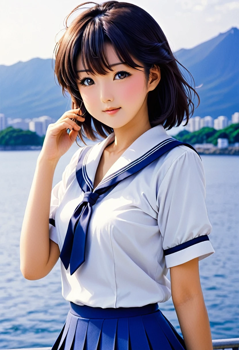 A picture of a woman in a sailor suit posing for a photo, 80's japanese photo, seifuku, Another Iwakura, Chiho, Akiko Takase, Nishimiya Shoko, My motto is Teshirogi, by Matsumura Goshun, sui ishida, tsubasa nakai's style, shinkai makoto