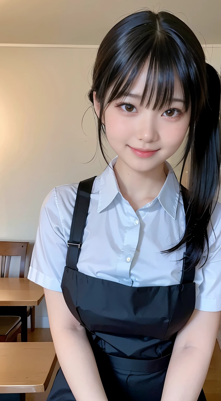 (Highest quality,masterpiece:1.3,Ultra-high resolution,),(Very detailed,Caustics),(Realistic:1.4,RAW shooting,)Ultra-Realistic Capture,Very detailed,High resolution 16K human skin closeup。 Natural skin texture、,pores、、、、It must be detailed enough to be easily identifiable。 Skin tone is even and healthy looking。 Use natural light and color,restaurant,Waitress Uniform,1 person,Japanese,18-year-old,cute,Black-haired,ponytail,Big Breasts,smile,Turn your body forward,(Front view:1.1),Looking into the camera,Cowboy Shot,