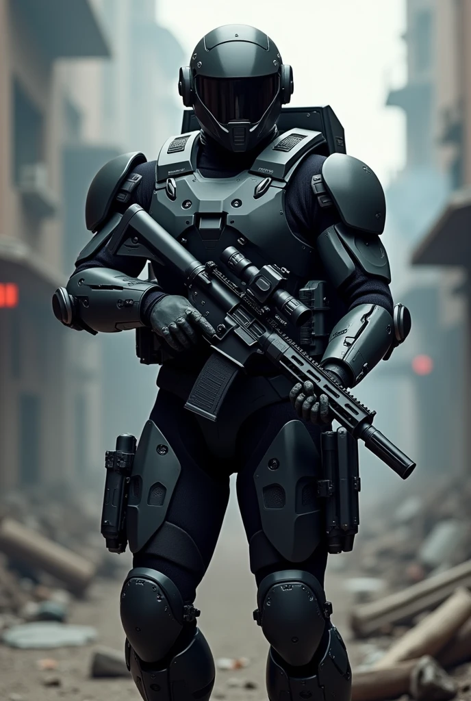 Imagine a soldier in a sleek, black exoskeleton that fits tightly to their body, featuring an angular and futuristic design. The exoskeleton has metallic armor panels in dark gray tones with a matte finish to reduce reflections. The armor includes ballistic protection with visible plates on the chest, back, and shoulders.
The soldier wields a futuristic weapon with advanced technology elements, such as an integrated LED light barrel and an ergonomic grip with a touchscreen. The helmet is a closed, imposing piece with a dark visor or reflective surface, adding a menacing and ominous look. The overall appearance of the suit is striking and somber, conveying both high-tech sophistication and a foreboding presence.