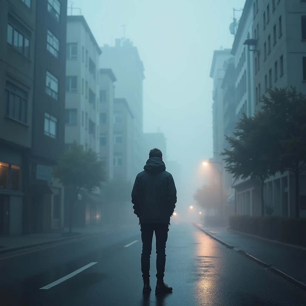 n a 흐린 city, Pictures of Kuno Beaver, Pixabay Contest Winners, concept art, In a rainy environment, Rainy weather, With a rainy road in the background , ((Fog with light)) ((rear view)), Light from the front