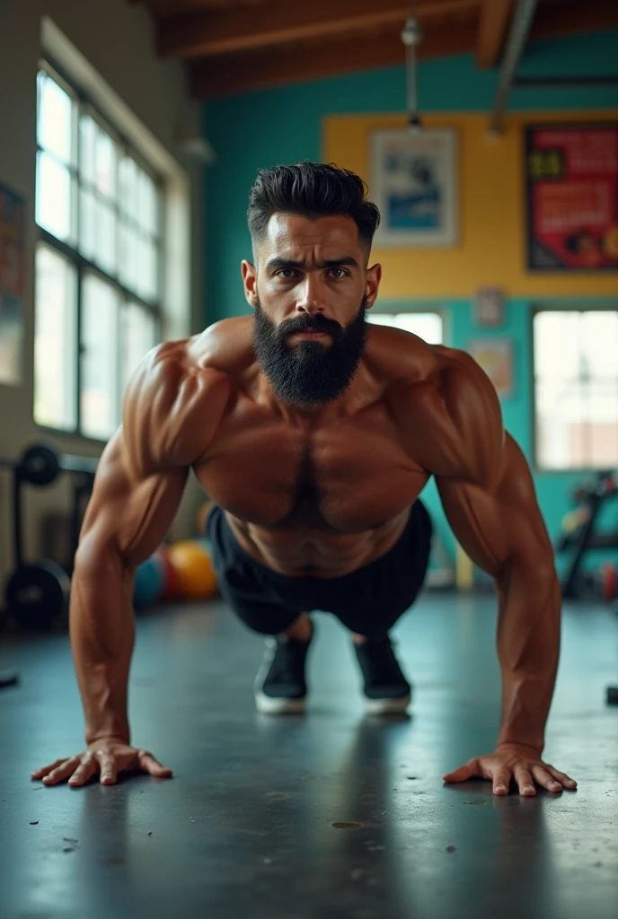 A fit, handsome young man with a beautiful black beard, short hair, and a well-groomed physique, doing push-ups and being ripped in the Calisthenics gym.