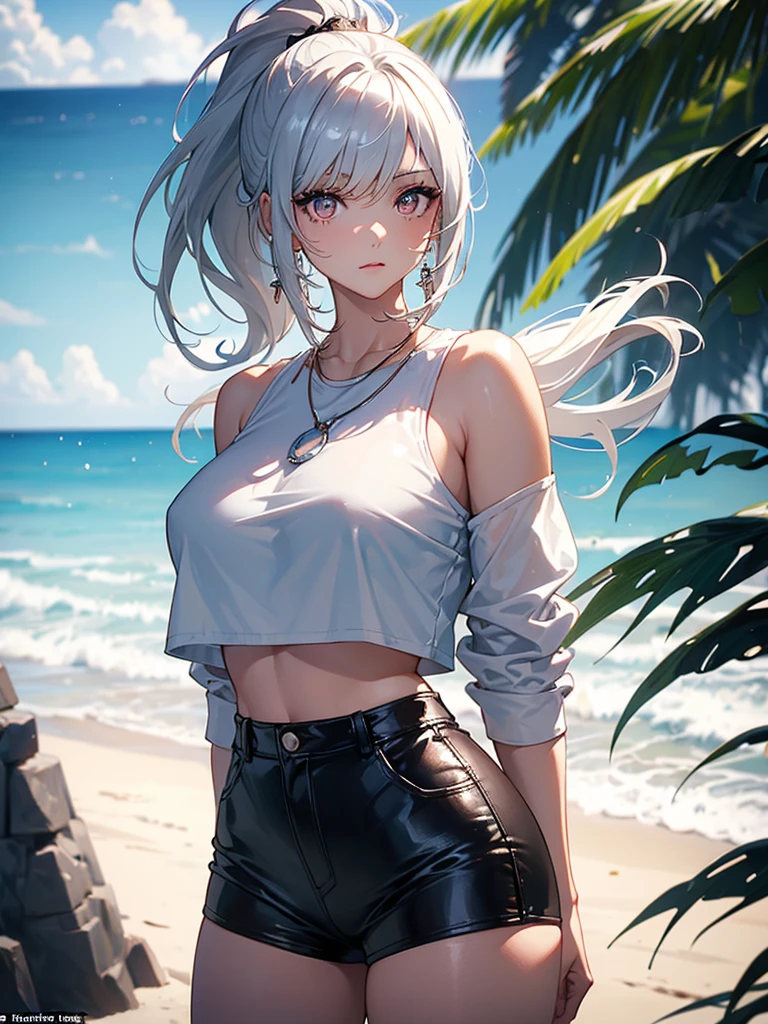 (masterpiece:1.6, best quality), (finely detailed beautiful eyes: 1.2), (Overhead view), high quality, beautiful face, 1girl, wide shot, white tshirt, leather short shorts, oversized leather jacket, open shoulders, silver hair, large breasts, ponytail hair, wide hips, red eyes, badass (leaning to the side, ), beach, background, detailed background,