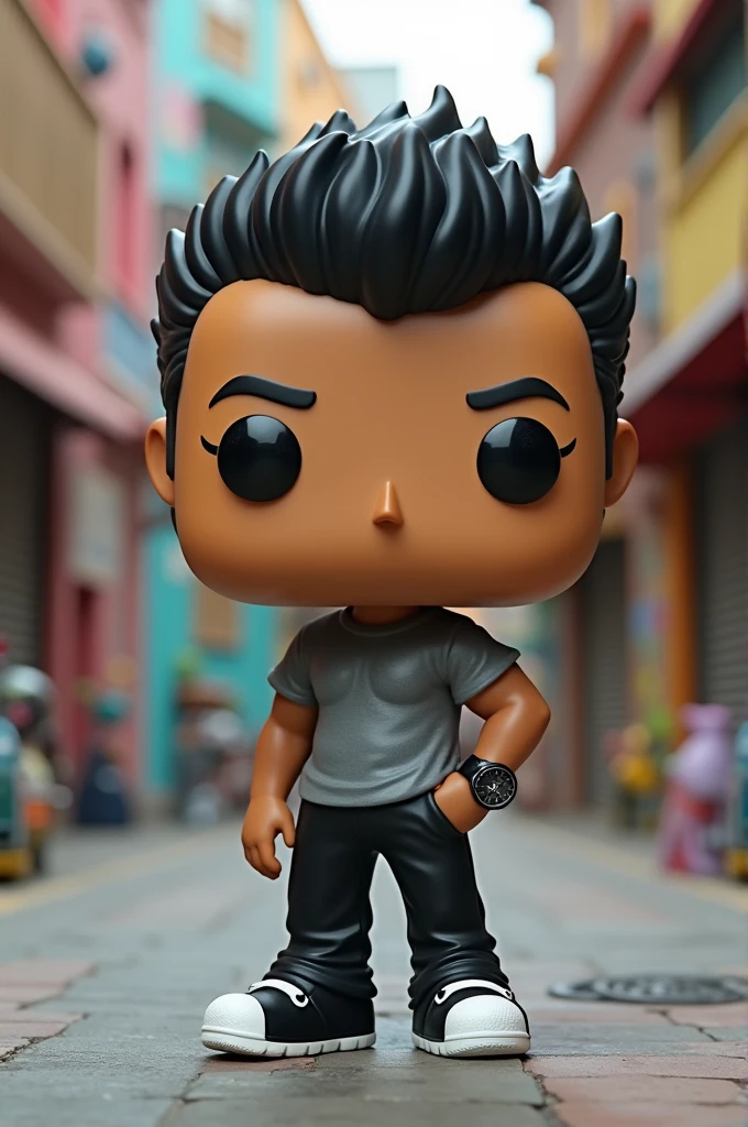 Funko pop of a light brown skinned animal, slicked black hair, with black and white crocs, with watch on wrist. no tattoos, without glasses and without eyebrows. with gray shirt and black pants.