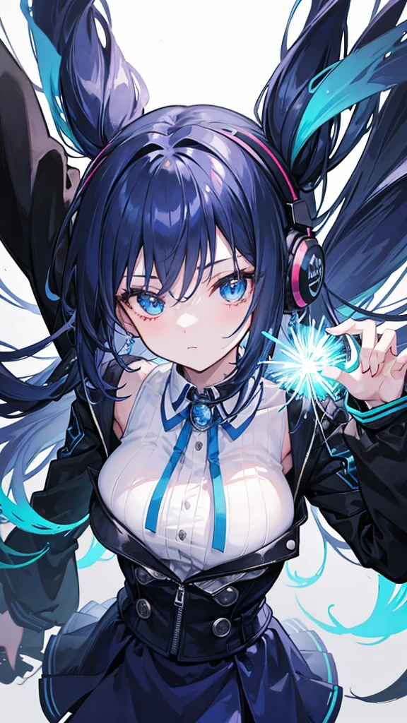 Create an anime girl that has black-blue hair That the hair is long and that it has blue eyes that has a black jacket and behind the jacket has a blue shirt that has a black skirt with blue lines And that she has black headphones on the side of her neck that appears on a mountain at night with blue fireworks above and that she is in the pose as if raising her arms towards Up happily And above all, it should be far from the camera so that the entire body can be seen.