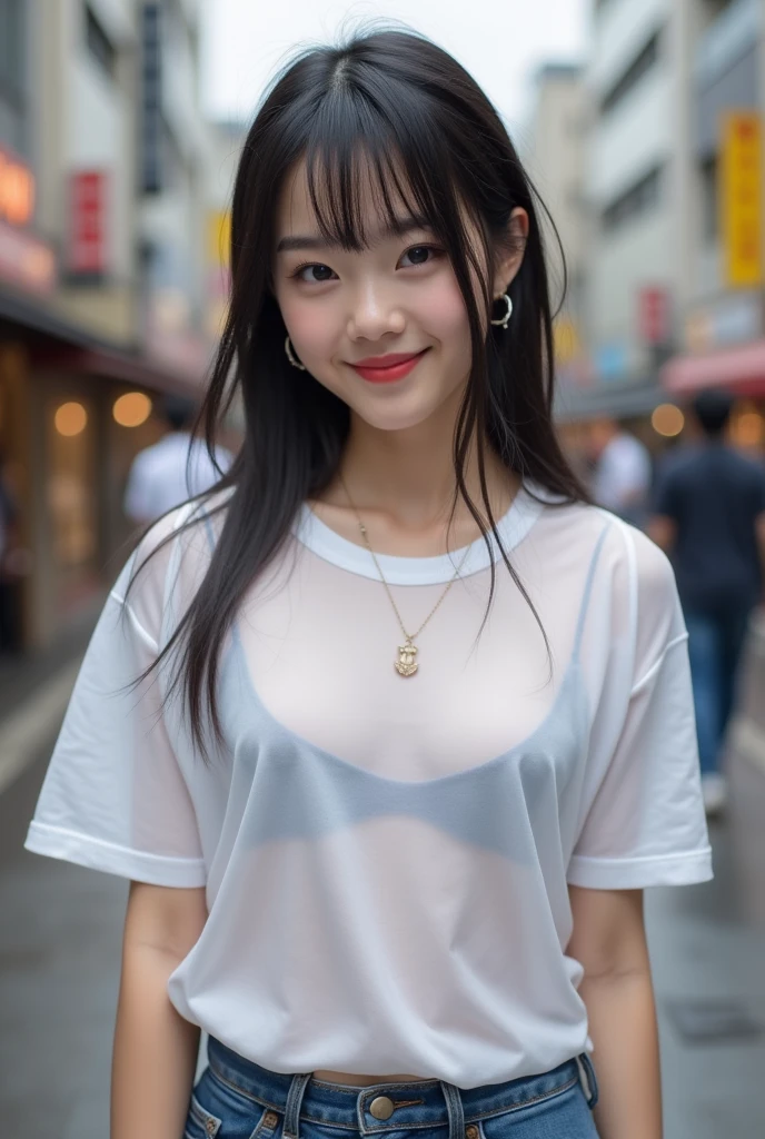 1 Japanese beautiful girl, ((Transparent white T-shirt:1.2, denim pants)), White T-shirt that is wet and see-through,Black underwear is sheer, (wet body:1.7),show off nipples under white t-shirt,18yo girl, Super beautiful detailed face, (smile:1.4), earrings, (various hair style:1.4, bangs), cowboy shot, (small breast:1.4, chubby body), (neutral-colored small areola), nude, Naked, BREAK, masterpiece, best quality, ultra quality, high quality, realistic, photo realistic, RAW photo, hyper detailed, intricate detaile, (crowded street:1.4),