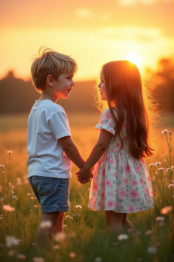 A young boy with a young girl close to each other with a romantic background