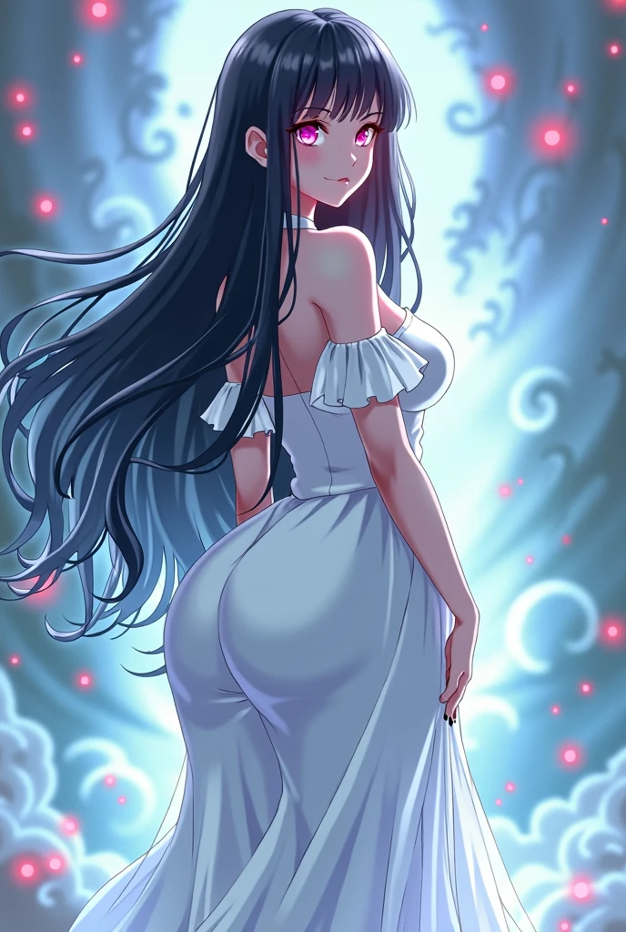 White woman, Black hair, White hat, Red eyes, Thick body, Huge breasts, Big boobs, Big ass, Tall, White dress, Anime style, Ghost aura